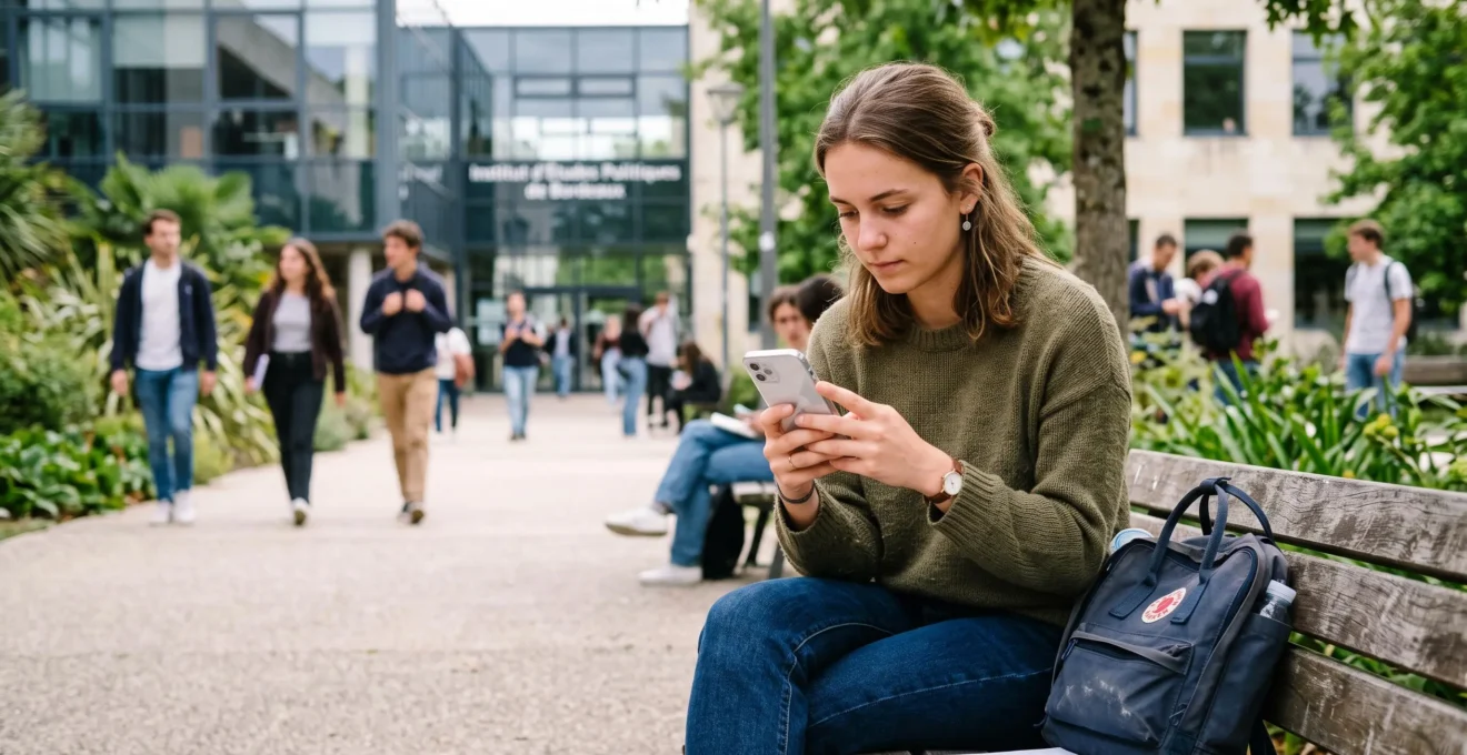 Étudiante consultant son application bancaire sur smartphone dans un environnement de campus universitaire