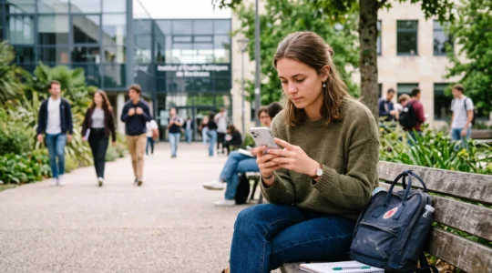Étudiante consultant son application bancaire sur smartphone dans un environnement de campus universitaire