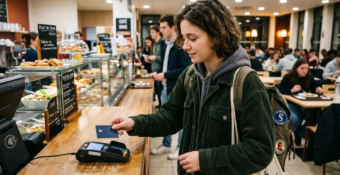 Étudiant effectuant un paiement sans contact avec sa carte bancaire dans un commerce de campus